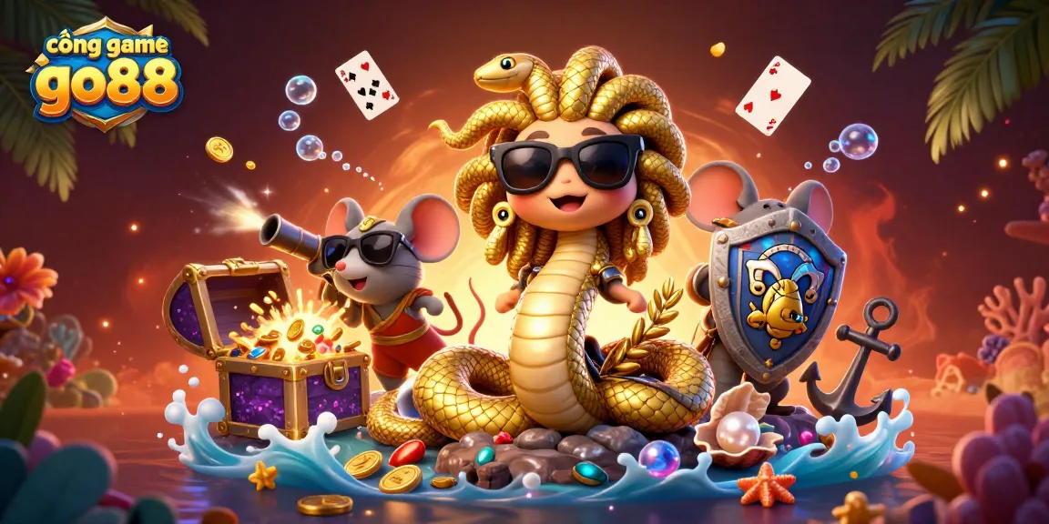 Experience the excitement at cổng game go88 with a magical Medusa and a warrior mouse amidst treasure!