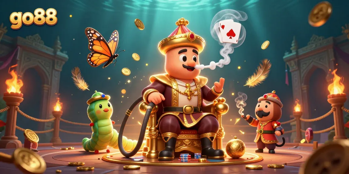Experience the exciting go88 casino atmosphere with a vibrant 3D illustration showcasing a whimsical sultan caterpillar presiding over a game of chance